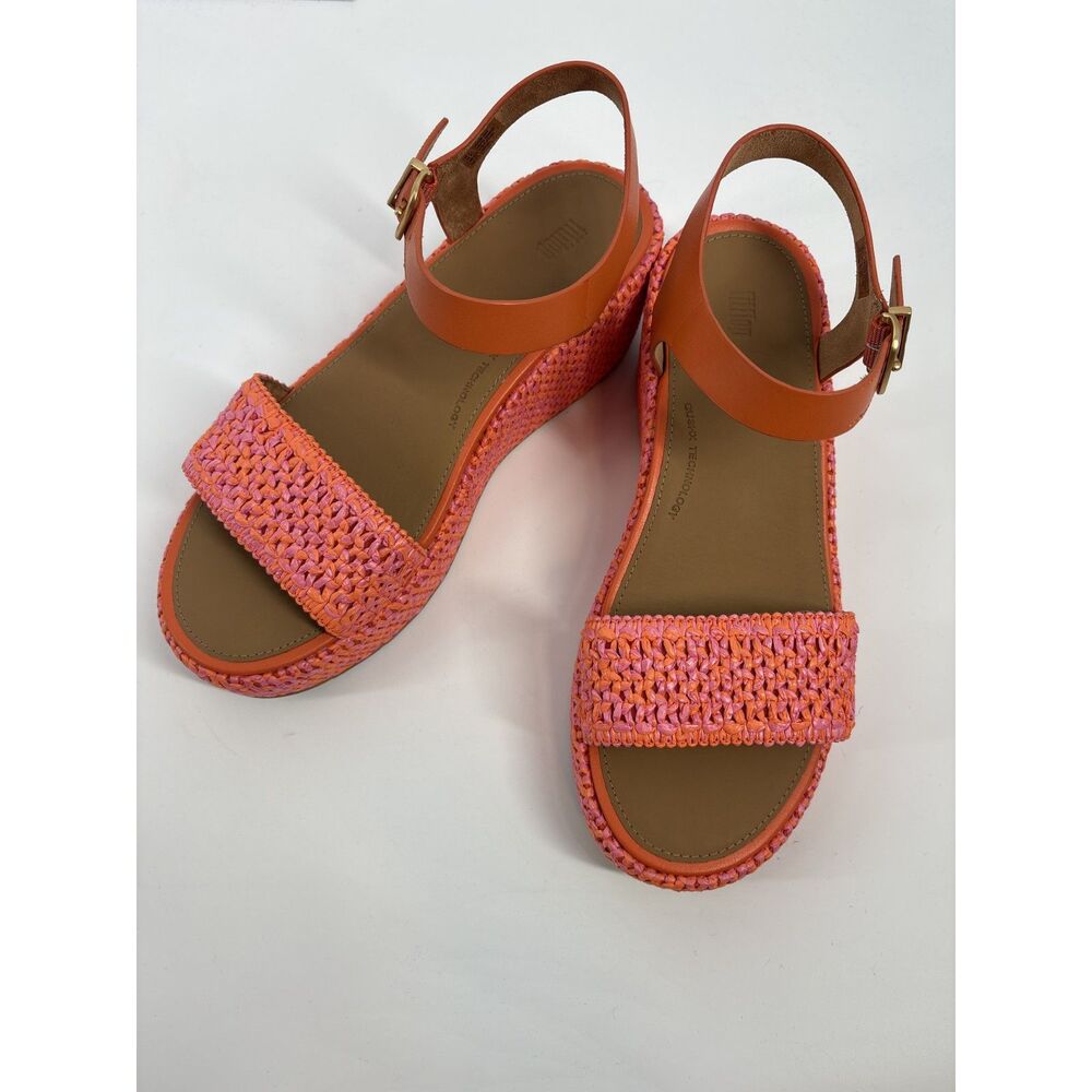 FitFlop Orange Raffia Platform Sandals | Ankle Strap Wedge Sandals